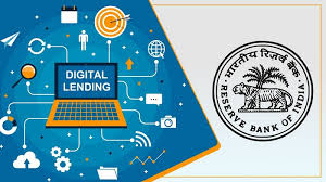 Illustration of a person reviewing RBI guidelines on a digital loan app screen.